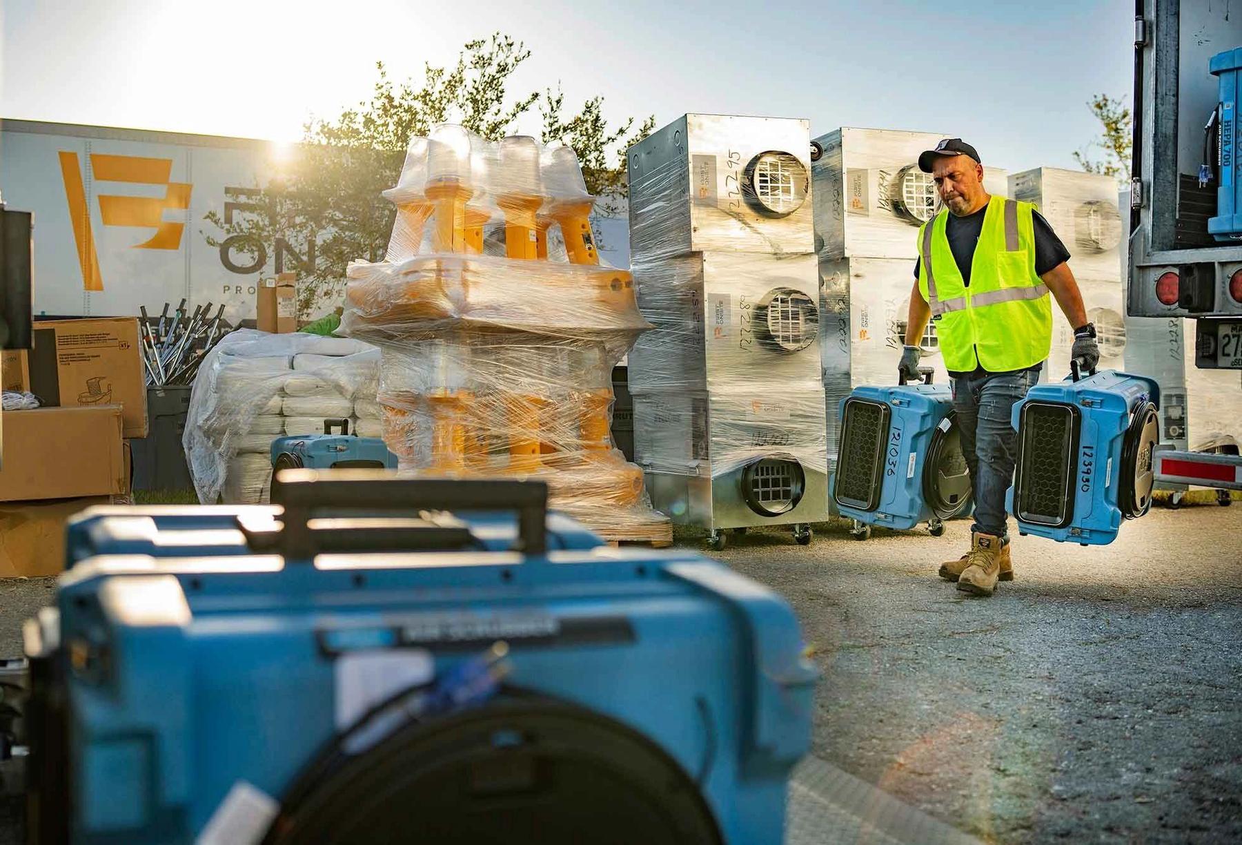 A restoration crew member in a hi-vis vest carries two air movers past stacked drying equipment at a staging yard